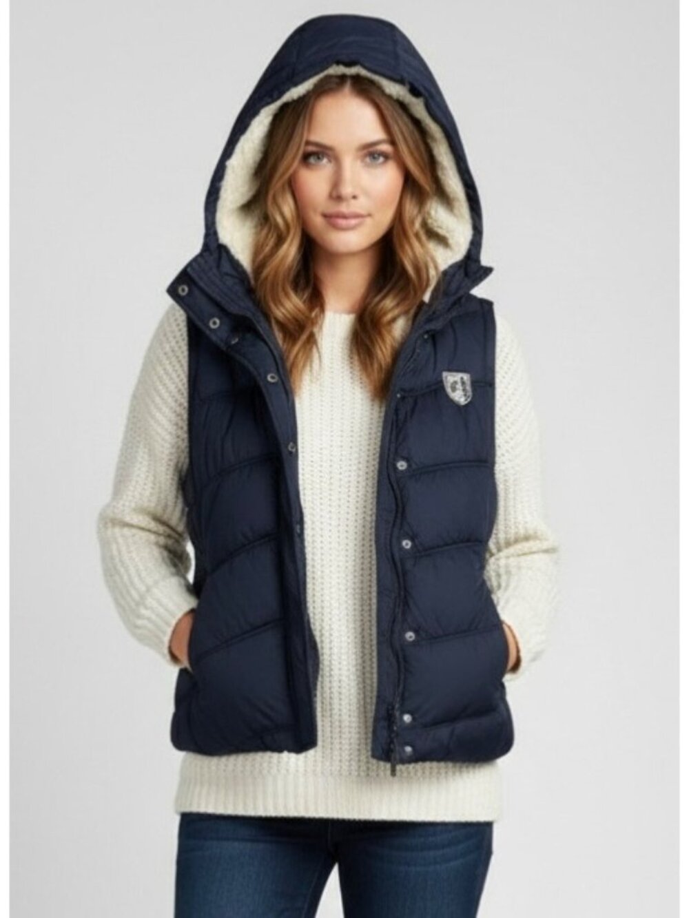 VTG American Eagle Blue Faux Fur Lined Hooded Vest L | Y2K Indie Sleaze Preppy